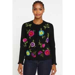 Vintage berek Sweater Cardigan Size S Black with Embellished Beaded Flowers 90's
